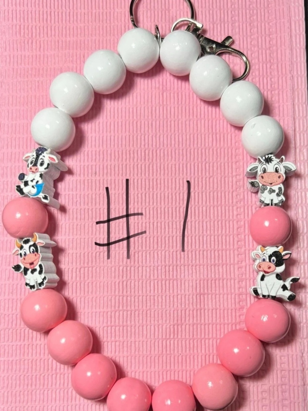 Cow Print Beaded Keychain in Pink, White & Black